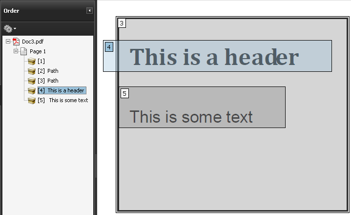 Image demonstrates the relationship between the numbered items in the order panel tree and the numbered items in the document pane.