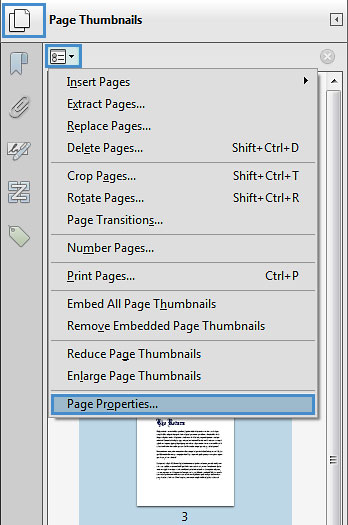 Image locates page properties in the bookmark drop down menu.