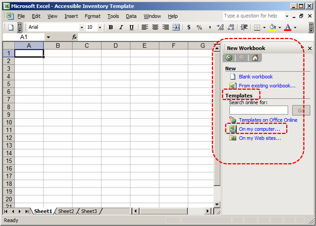 Image demonstrates location of On my computer... option, under Templates in the New Workbook section.