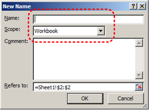 Image demonstrates location of Name box and Scope option in New Name dialog.