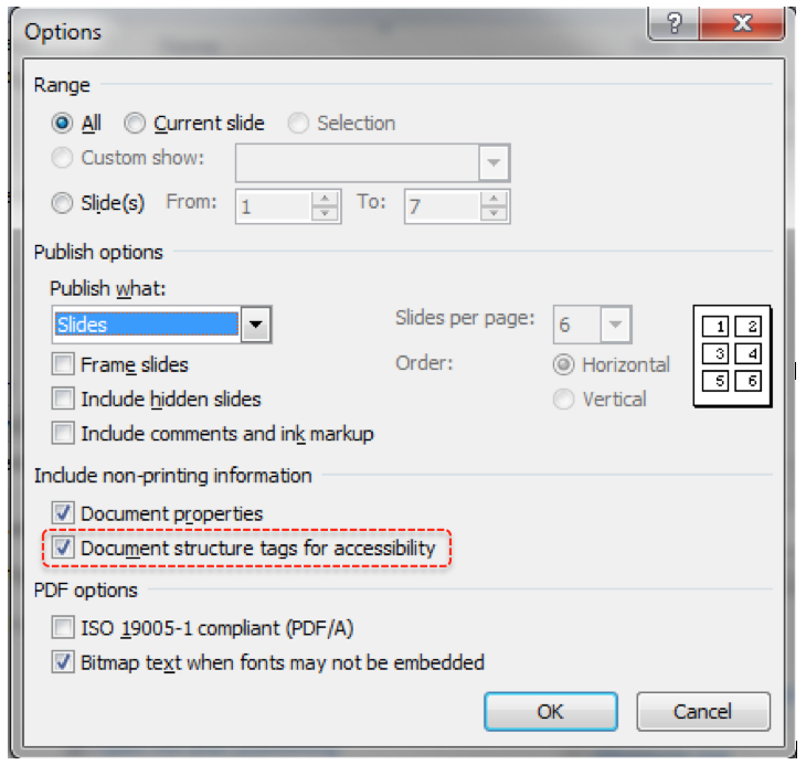 Image demonstrates location of Document structure tags for accessibility check box in Options dialog.