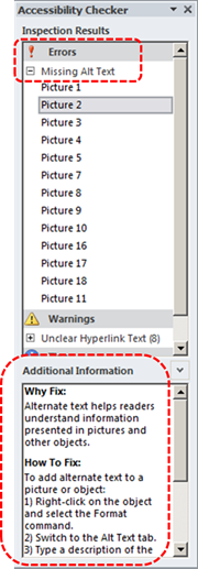 Image demonstrates location of additional information for inspection results in Accessibility Checker task pane.