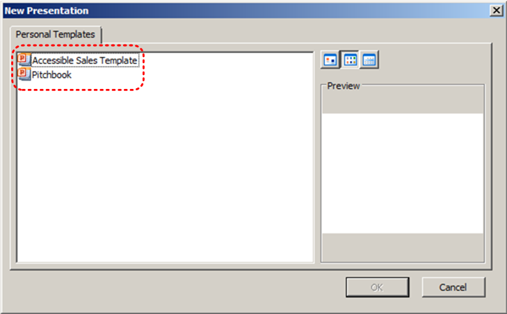 Image demonstrates location of template icons in Personal Templates section of New Presentation dialog.