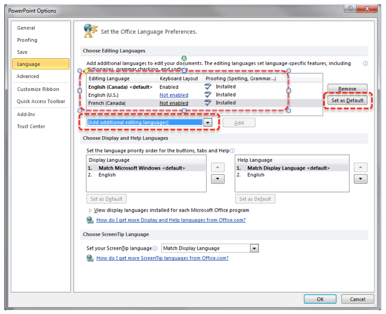 Image demonstrates location of Language option, Editing Languages list, Set as default button, and Add additional editing languages option in Options dialog.