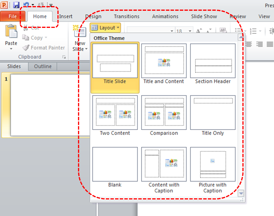 Image demonstrates location of Home menu, Layout button, and Layout drop-down menu.