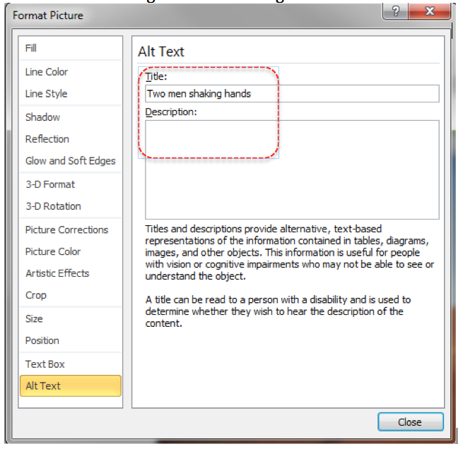 Image demonstrates location of Title box and Description box in Format Picture dialog.