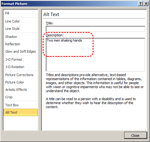 Image demonstrates location of Title and Description boxes in the Alt Text section of Format Picture dialog.