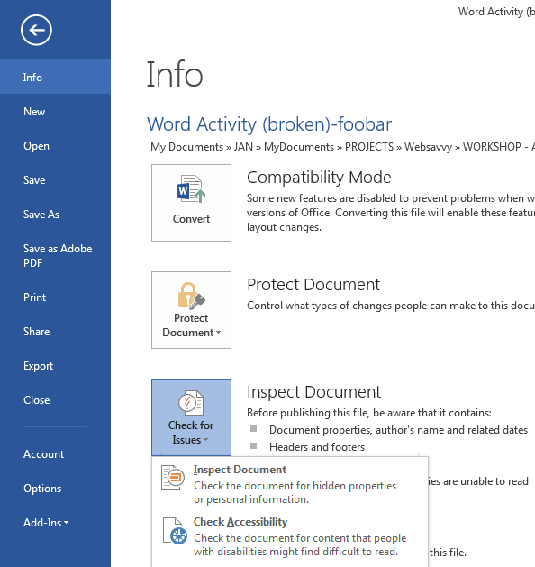 Image demonstrates location of Check Accessibility in the File menu.