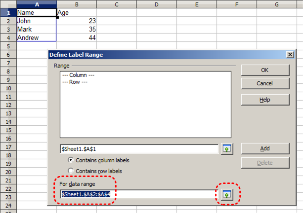 Image demonstrates location of data range  box and Maximize button in Define Label Range dialog.