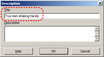 Image demonstrates location of Title box in Description dialog.