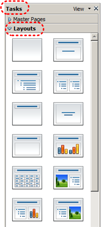 Image demonstrates location of Layouts section in Tasks pane.