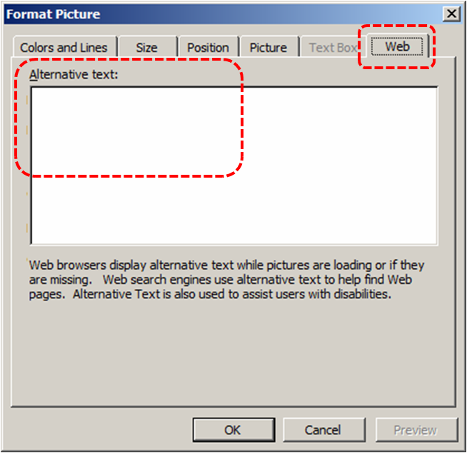 Image demonstrates location of Web tab and Alternative text box in the Format Picture dialog.