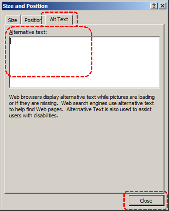 Image demonstrates location of Alt Text tab, Alternative text box, and Close button in Size and Position dialog.