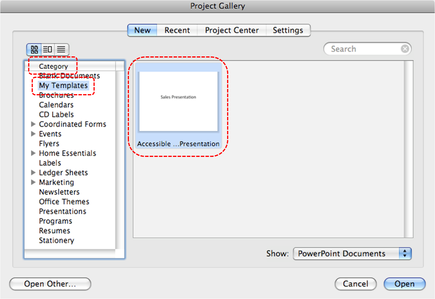 Image demonstrates location of My Templates in Category section and an accessible template in the template gallery of the Project Gallery dialog.