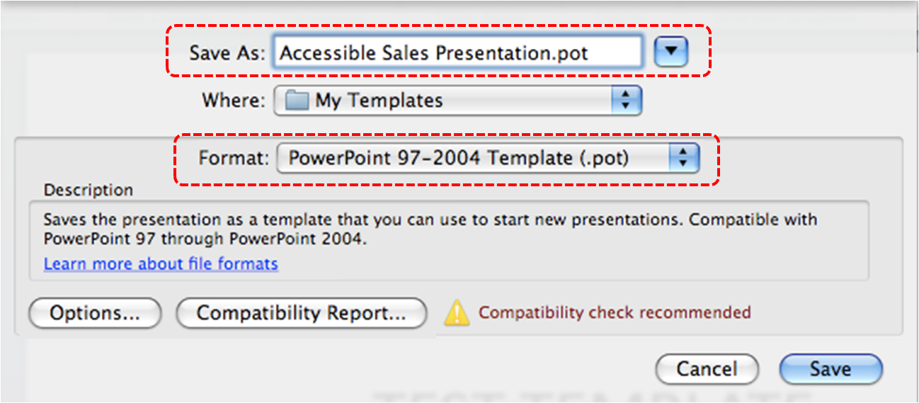 Image demonstrates location of Save As box and Format drop-down list in the Save As dialog.