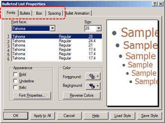 Image demonstrates location of tabs in Bullet List Properties dialog.