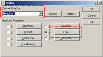 Image demonstrates location of Define Style For box and Font button in Styles dialog.