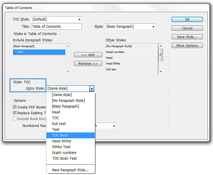 Image demonstrates how to change the table of contents body to a different style.