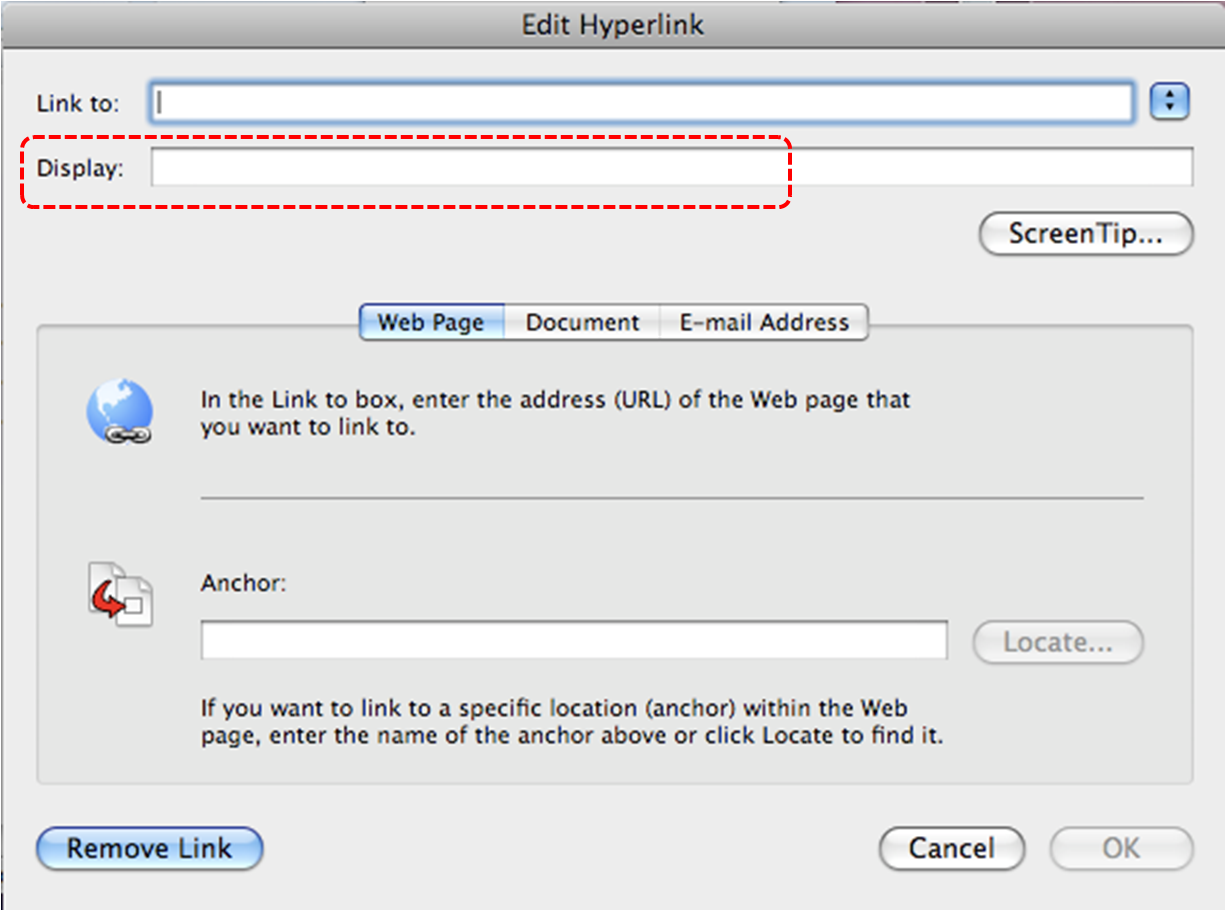 Image demonstrates location of Display box in Edit Hyperlink dialog.