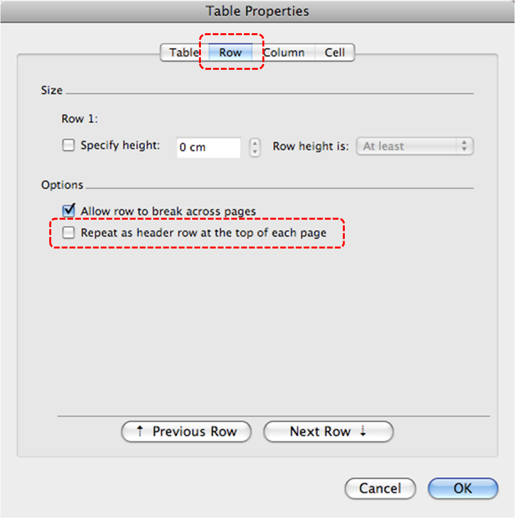 Image demonstrates location of Row option and Repeat as header row at the top of each page check box in Table Properties dialog.