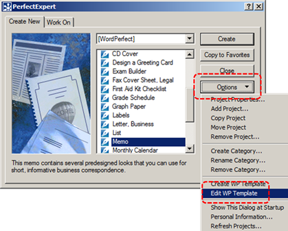 Image demonstrates location of Edit WP Template option in Options drop-down menu.