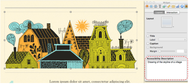 Screen Shot of an image in iBooks author and the inspector tab on the field for an accessibility description