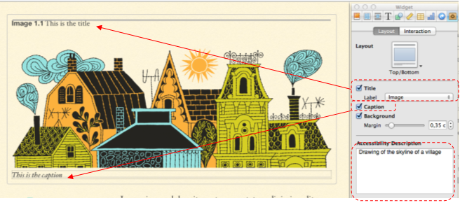 Screen Shot of an image in iBooks Author and the inspector tab for accessibility description, title and caption