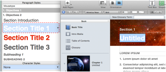 Screen Shot showing that you first need to select the title of a chapter or section and then select the style accordingly