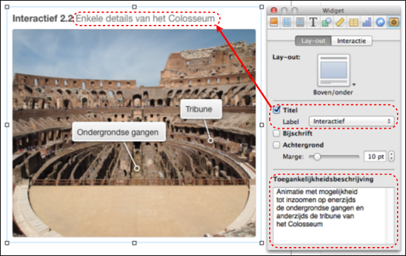 Een afbeelding in iBooks Author met het infovenster waarin je de toegankelijkheidsbeschrijving, de titel en bijg-behorend label ingeeft
