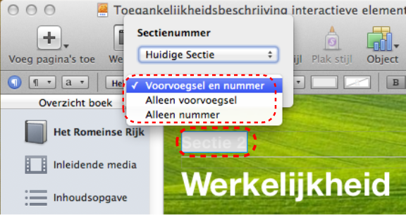 Deze illustratie toont dat je bij een dubbelklik op de titel van een hoofdstuk of sectie in staat bent om een nummering en/of voorvoegsel kunt toevoegen aan een hoofdstuk- of sectietitel